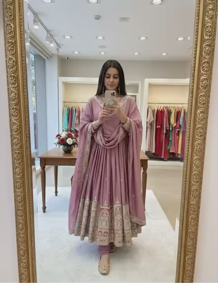 Dusty Rose Embroidered Pakistani Anarkali Suit