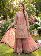 Designer partywear look pur heavyfaux georgette top plazzo and dupatta set