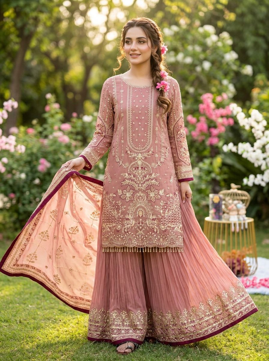 Designer partywear look pur heavyfaux georgette top plazzo and dupatta set