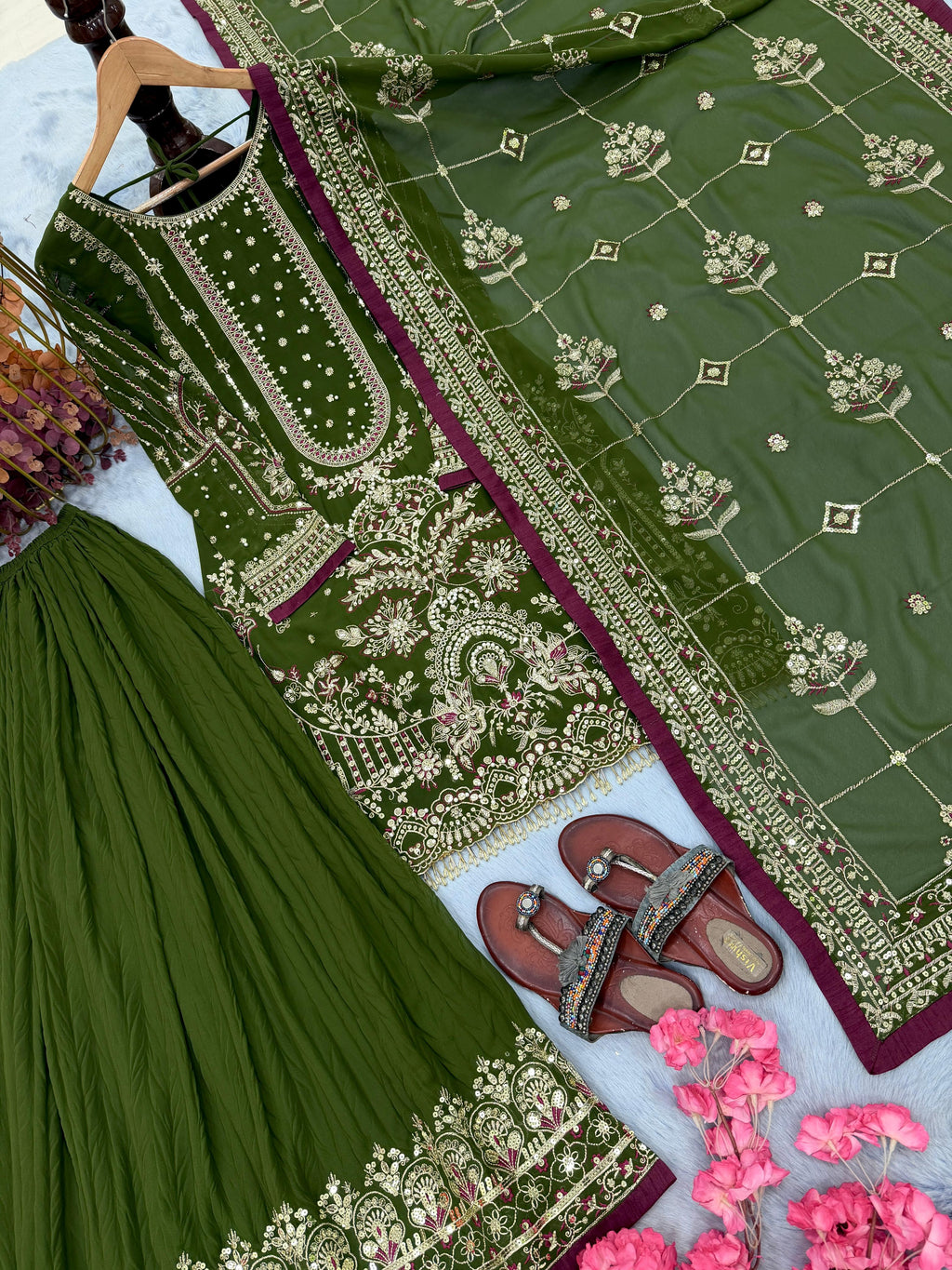 Designer partywear look pur heavyfaux georgette top plazzo and dupatta set