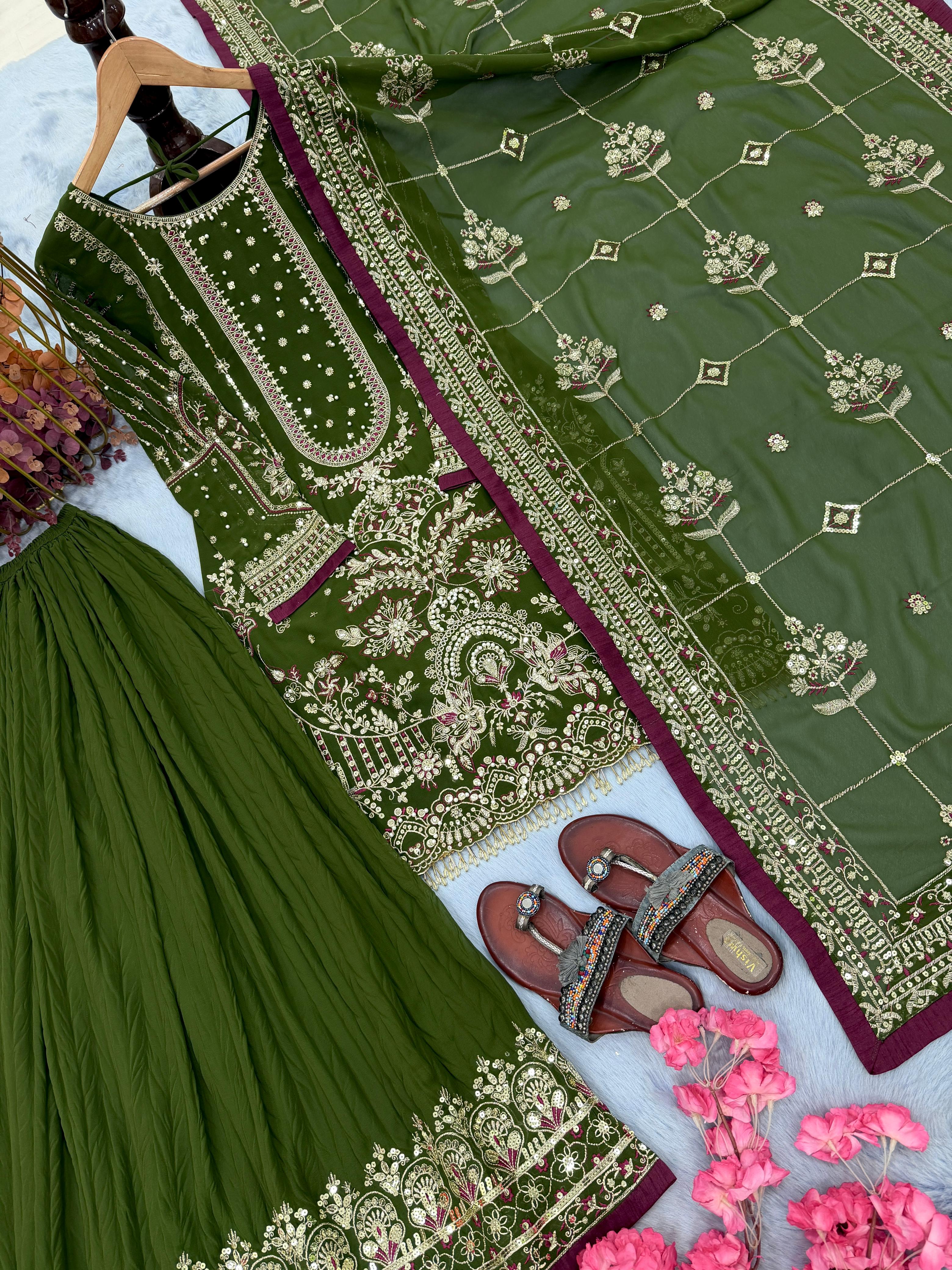 Designer partywear look pur heavyfaux georgette top plazzo and dupatta set