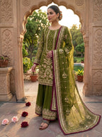 Designer partywear look pur heavyfaux georgette top plazzo and dupatta set