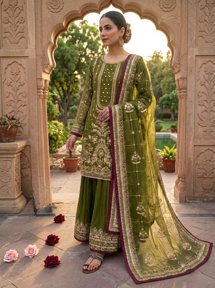 Designer partywear look pur heavyfaux georgette top plazzo and dupatta set