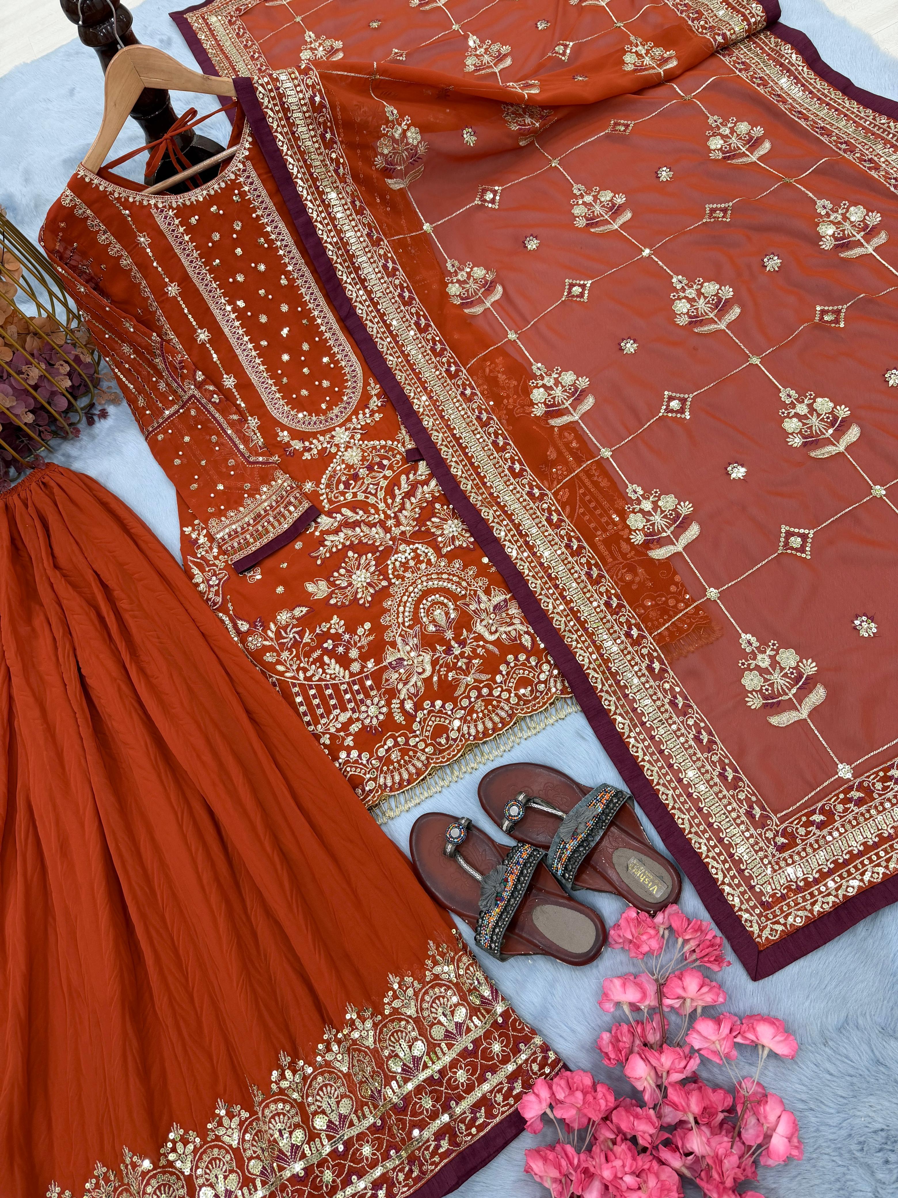 Designer partywear look pur heavyfaux georgette top plazzo and dupatta set