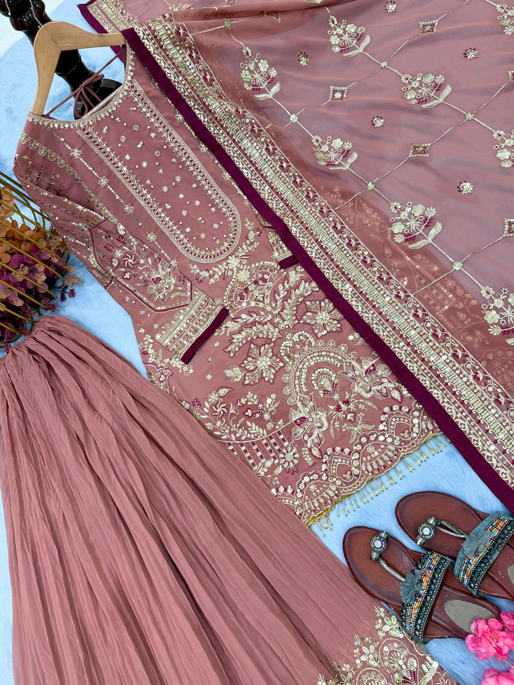 Designer partywear look pur heavyfaux georgette top plazzo and dupatta set
