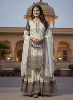Ivory & Lavender Embroidered Pakistani Sharara Suit – 3 Piece Festive Wear