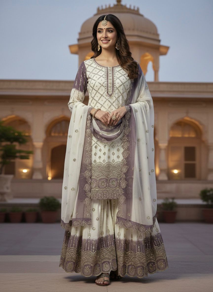 Ivory & Lavender Embroidered Pakistani Sharara Suit – 3 Piece Festive Wear
