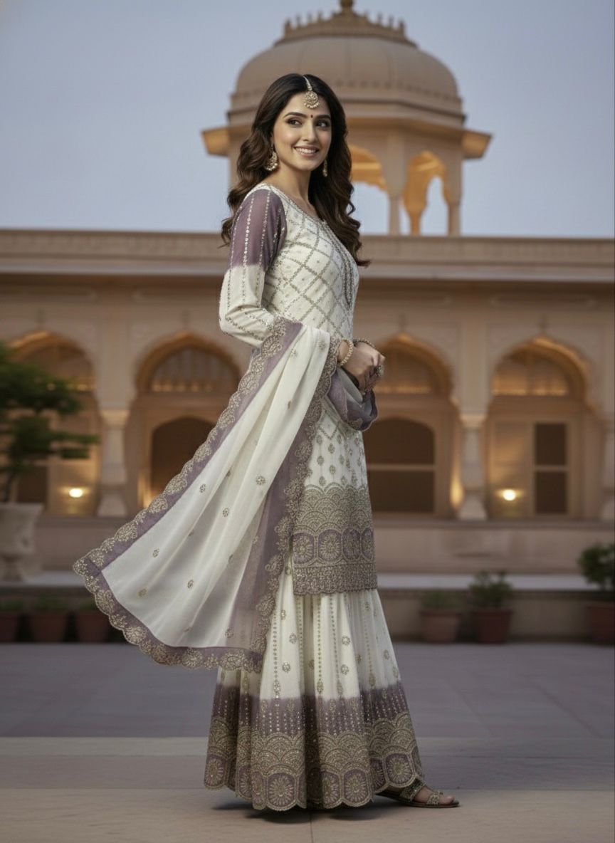 Ivory & Lavender Embroidered Pakistani Sharara Suit – 3 Piece Festive Wear
