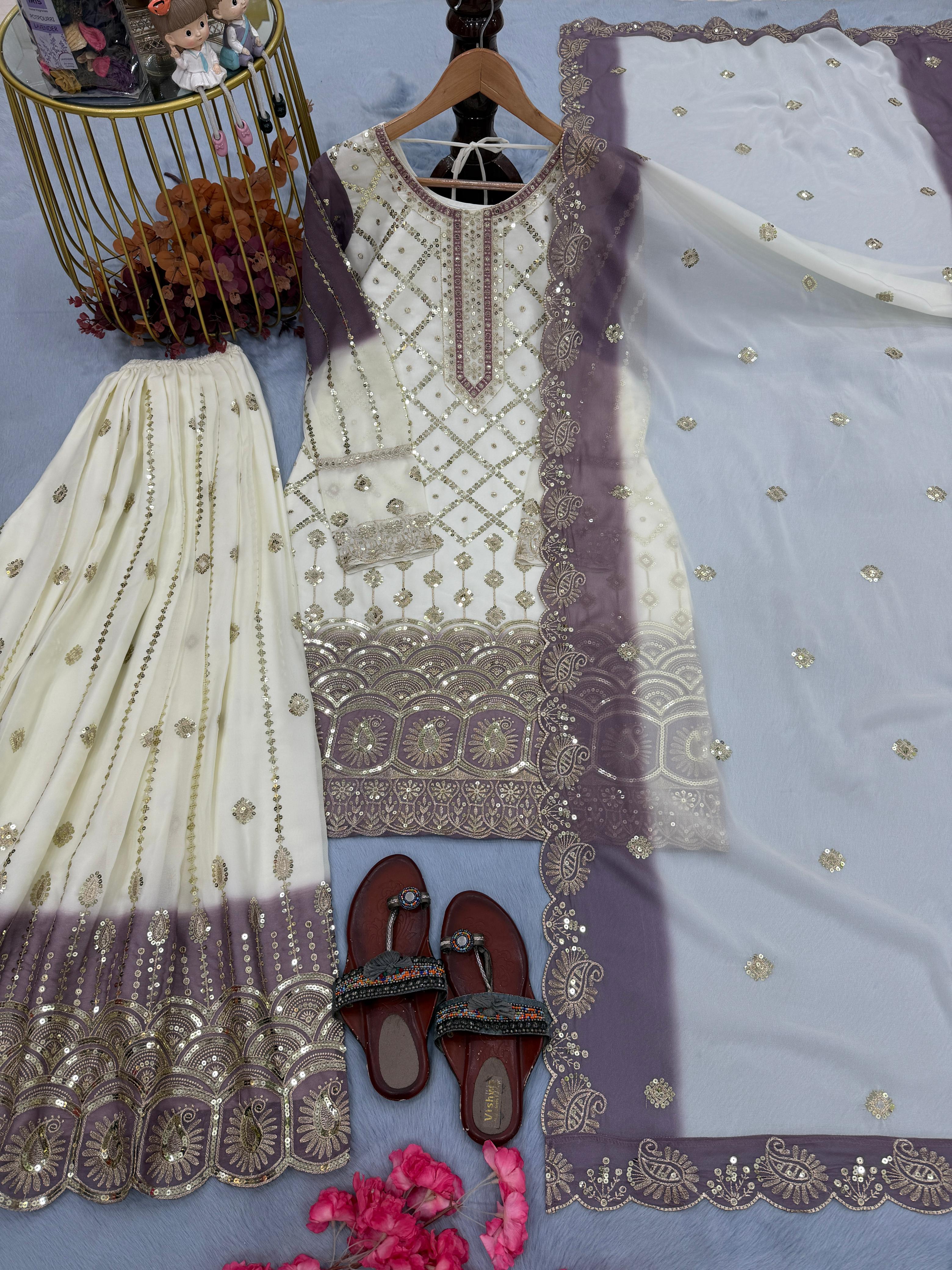 Ivory & Lavender Embroidered Pakistani Sharara Suit – 3 Piece Festive Wear