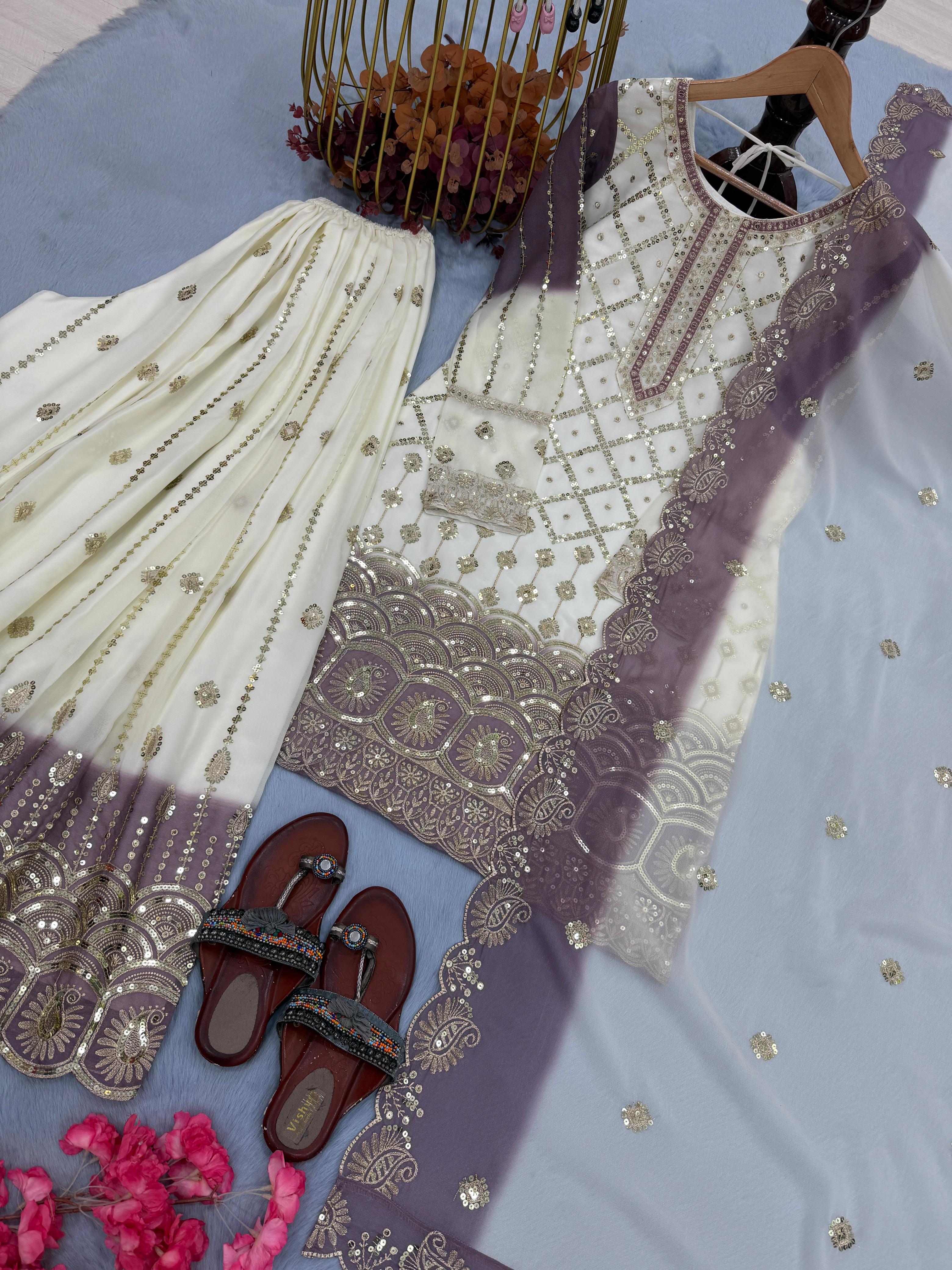 Ivory & Lavender Embroidered Pakistani Sharara Suit – 3 Piece Festive Wear