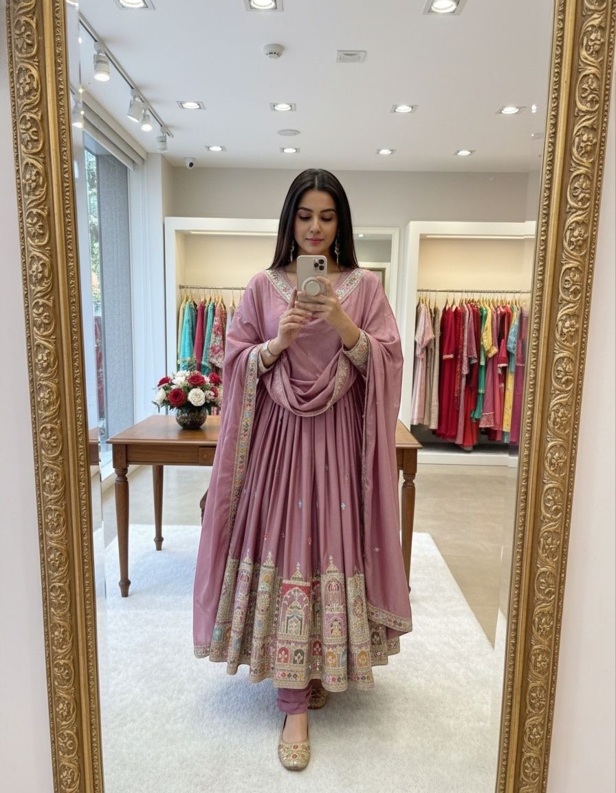 Dusty Rose Embroidered Pakistani Anarkali Suit