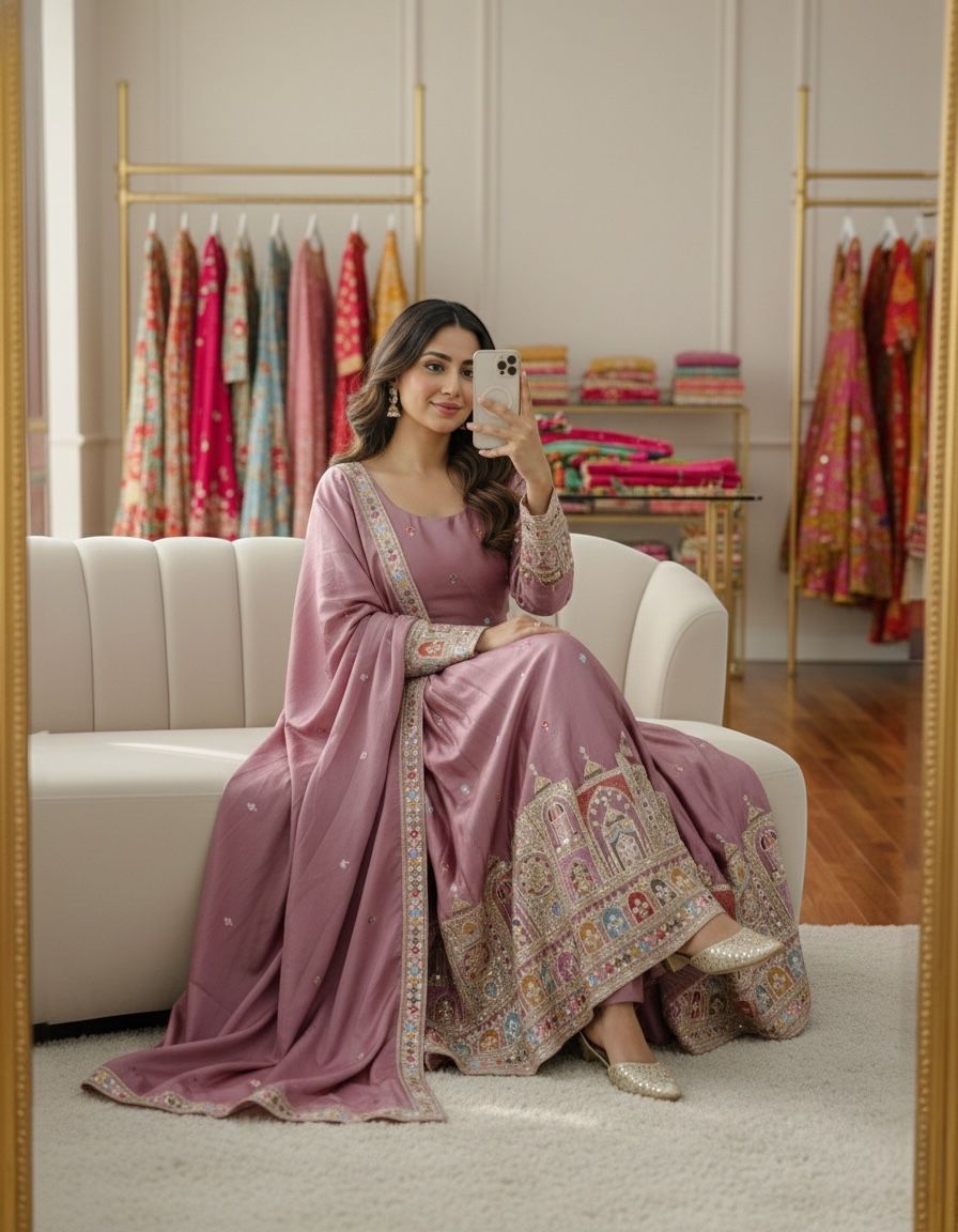 Dusty Rose Embroidered Pakistani Anarkali Suit