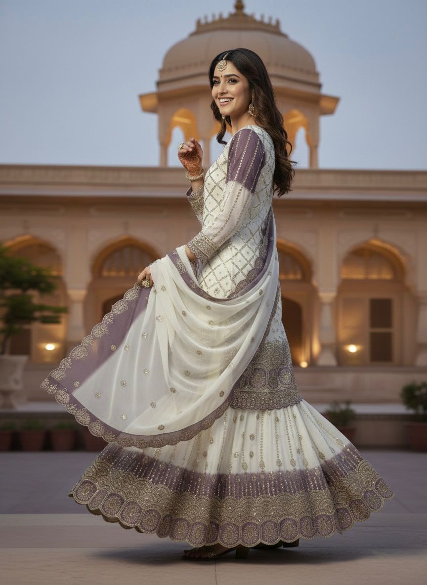 Ivory & Lavender Embroidered Pakistani Sharara Suit – 3 Piece Festive Wear